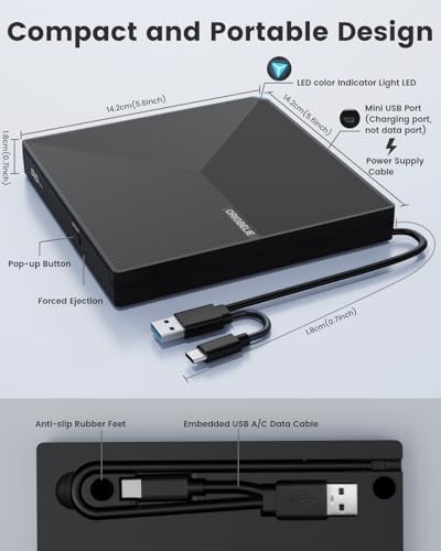 ORIGBELIE External CD DVD Drive, Portable USB C & A DVD Optical Disc Drive | USB 3.0 CD ROM DVD +/-RW Player Burner Reader Writer for MacBook Laptop iMac Desktop PC Windows 11/10/8/7/XP Linux Mac OS - size: 5.6" x 5.6" x 0.7"