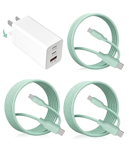 65W USB C Fast Charger, 3-Port PD Charger, 3 Cables, Green | Foldable green travel charger for laptop, phone & tablet, with 2 x 1.2m cables and 1 x 0.6m cable