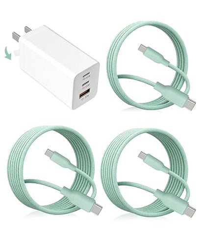 65W USB C Fast Charger, 3-Port PD Charger, 3 Cables, Green | Foldable green travel charger for laptop, phone & tablet, with 2 x 1.2m cables and 1 x 0.6m cable