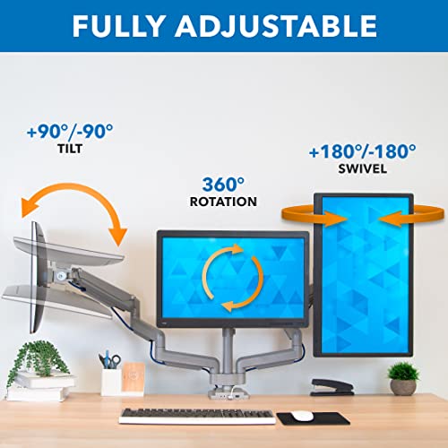 Mount-It! Triple Monitor Mount with Gas Spring Arms, Fits 24–32 Inch Screens, USB & Audio Ports, Full Motion Desk Stand with Tilt, Swivel & Rotation, Heavy Duty Silver 3 Screen Arm with Clamp