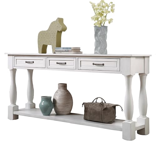 63.4" Solid Wood Console Table for Entryway,Sofa Table with Drawers | Antique White Farmhouse Console Table with 3 Drawers and Bottom Shelf;Solid Wood Sofa Table for Hallway,Foyer,Easy Assembled - color: Antique White