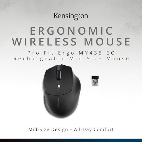 Kensington Wireless Mouse, Pro Fit Ergo MY435 EQ Rechargeable Mouse, Fits Small to Medium-Size Hands, Programmable Buttons, Quiet-Click Buttons, Bluetooth 5.0 & 2.4GHz Connection - Black (K72501NA) | Fits small to medium hands, programmable and quiet-clic
