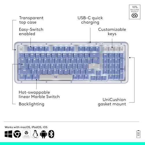 Logitech Alto Keys K98M Wireless Mechanical Gasket Keyboard - Lilac | Customizable, clicky, vibration absorbing gasket, white backlit keys, Bluetooth, USB-C charging, for PC, Mac, Laptops - color: Lilac