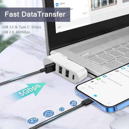4-Port USB 3.0 Hub [90/180 Rotatable], USB Splitter with 3 USB Ports & 1 USB C Power/Data Port, USB Extender for Laptops, Cars, iMac, MacBook Air, MacBook Pro