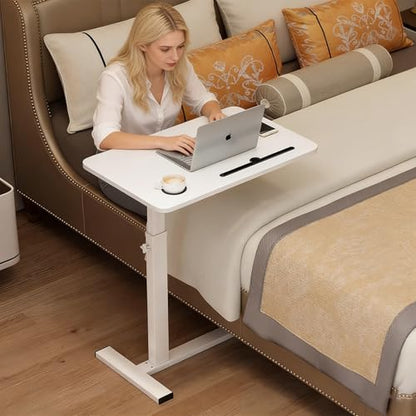 BeGyoku Overbed Table,Over The Bed Table with Hidden Wheels&Cup Holder,Adjustable Bedside Table and Rolling Table Tray&Laptop Cart,Hospital Table Over Bed for Home Use (White) - color: White