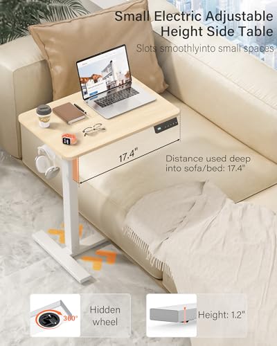 FiCiHi Electric Overbed Table, Adjustable Height Bedside Desk with Hidden Wheels, Rolling Sit-Stand Laptop Table for Bed, Couch, Sofa, Home Office & Hospital Use, (24" x 16", Maple) - color: Maple, size: 24 x 16"