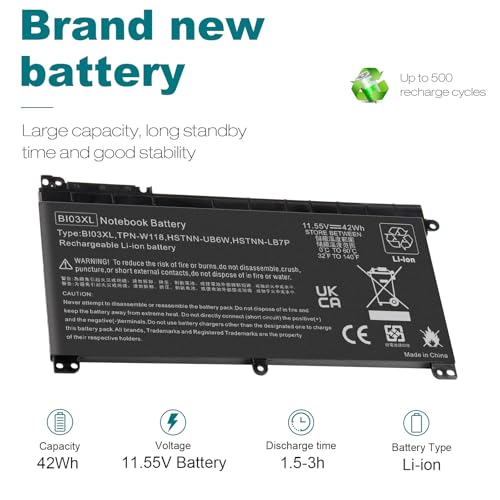 BI03XL Battery Compatible with HP Pavilion X360 M3-U 13-U M3-U001DX M3-U103DX 13-U100TU 13-U118TU Stream 14-AX 14-ax010nr 14-ax020wm 14-ax030wm TPN-W118 Laptop ON03XL HSTNN-LB7P HSTNN-UB6W 843537-541 - size: BI03XL 8.94 × 4.96 × 0.71 in