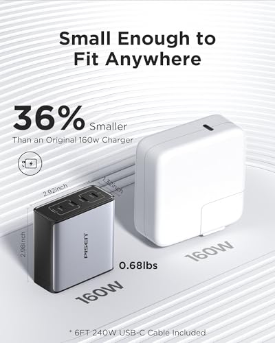 PISEN 160W USB C Charger - PD3.1 GaN Fast Charger USB C 4-Port Foldable Charging Block 160Watt Power Adapter with 6FT 240W Type-C Cable, 160W Charger for MacBook, Laptops, Samsung, iPad, iPhone Series