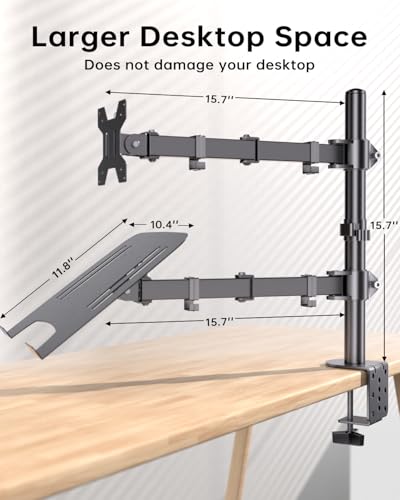 Dual Monitor and Laptop Stand for 13-32 Inch Screens & 11-17 Inch Laptop, Full Motion Dual Monitor Arm Desk Mount with Removable Laptop Tray, Supports Up to 18 lbs/Arm, C-Clamp, VESA 75x75/100x100mm - size: Laptop & Monitor Stand