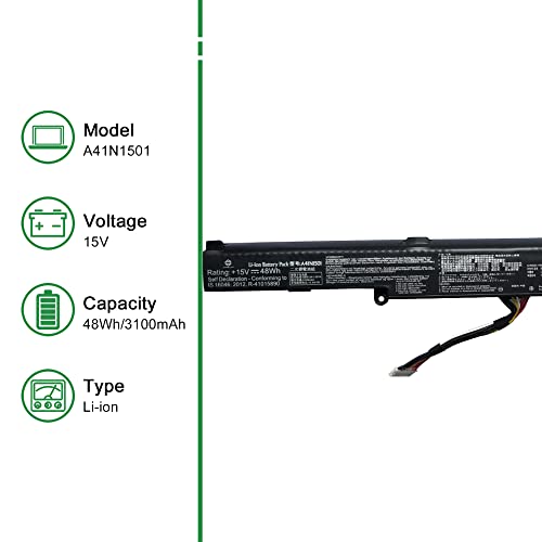 A41N1501 Laptop Battery Replacement for Asus Rog G752VW GL752 GL752JW GL752V GL752VLM GL752VW GL752VW-DH74 GL752VWM N552 N552V N552VW N552VX N752 N752V Series A41LK9H L41LK2H 15V 48Wh 3100mAh - size: 9.8*3.5*1.6inch A41N1501