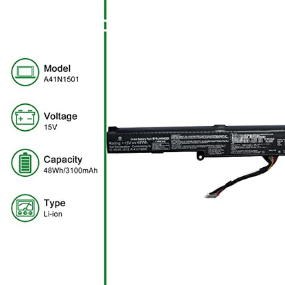 A41N1501 Laptop Battery Replacement for Asus Rog G752VW GL752 GL752JW GL752V GL752VLM GL752VW GL752VW-DH74 GL752VWM N552 N552V N552VW N552VX N752 N752V Series A41LK9H L41LK2H 15V 48Wh 3100mAh - size: 9.8*3.5*1.6inch A41N1501