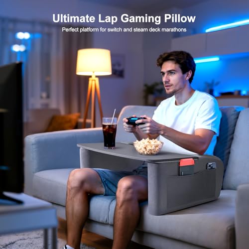 OPTIXCELL Wooden Lap Desk Pillow for Laptop with Arm Rests for Bed & Couch | Ergonomic Large 23.7" Surface, Sturdy 44 LBS Capacity, Side Pockets, for Reading, Writing, Working, Gaming, Eating, Watching