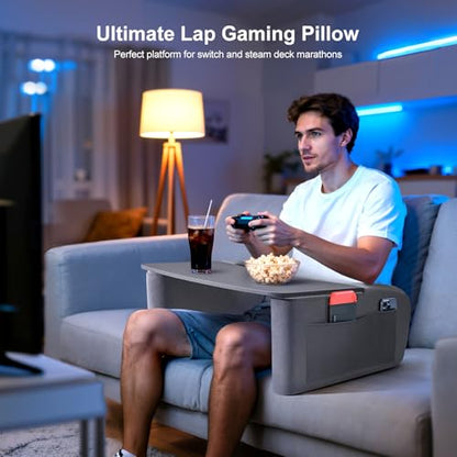 OPTIXCELL Wooden Lap Desk Pillow for Laptop with Arm Rests for Bed & Couch | Ergonomic Large 23.7" Surface, Sturdy 44 LBS Capacity, Side Pockets, for Reading, Writing, Working, Gaming, Eating, Watching