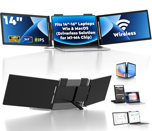 Wireless Triple Portable Monitor，Laptop Screen Extender 14", Wired Left Screen & Wireless Right Screen, 1080P FHD IPS Display Compatible with Mac M1 M2 M3 M4 Windows Android, Fits 14"-16" Laptops
