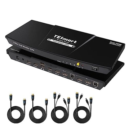 TESmart HDMI KVM Switch 2 Monitors 2 Computers 4K@60Hz, USB 2.0, Dual Monitor KVM Switch HDMI 2 Port Extended Display, EDID emulators, L/R Audio, Hotkey Switch, Button Switch with Input Cables