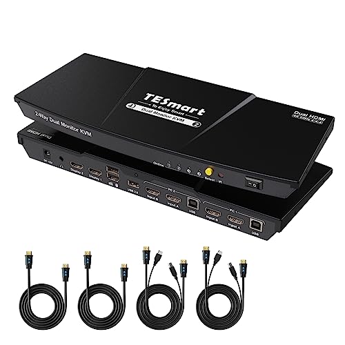 TESmart HDMI KVM Switch 2 Monitors 2 Computers 4K@60Hz, USB 2.0, Dual Monitor KVM Switch HDMI 2 Port Extended Display, EDID emulators, L/R Audio, Hotkey Switch, Button Switch with Input Cables
