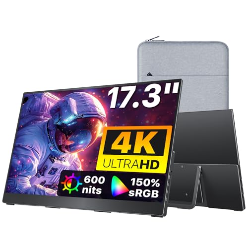 cocopar Portable Monitor 17.3 Inch 4K UHD 60Hz 150% sRGB Travel Monitor with Speaker HDMI USB-C Second Screen for Laptop MacBook Surface PC Xbox PS4/5, VESA Mountable, with Kickstand - size: 17.3 Inch