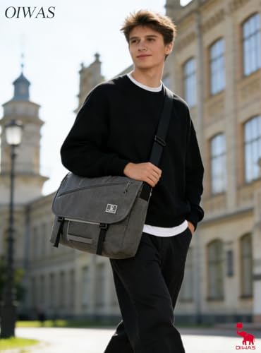 OIWAS 15.6" Messenger Bag for Men, Laptop Shoulder Bag for College, Grey | Water-repellent polyester; thick padded laptop compartment; large crossbody bag for textbooks & daily campus essentials - color: 15.6 Inch-grey