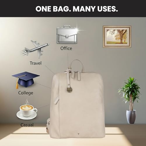 12.5 Inch Genuine Leather Backpack for Women & Men | Beige Genuine Leather Daypack Purse with Adjustable Shoulder Strap, Small Unisex Travel Casual Bookbag with Zipper Pockets - color: Beige
