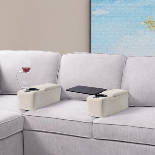 Multifunctional Sofa Armrest, Couch Armrest with Wireless Charge Stand, Removable Couch Caddy with Storage,Including LED Reading Light - color: Almond, size: Fabric-1 CUP