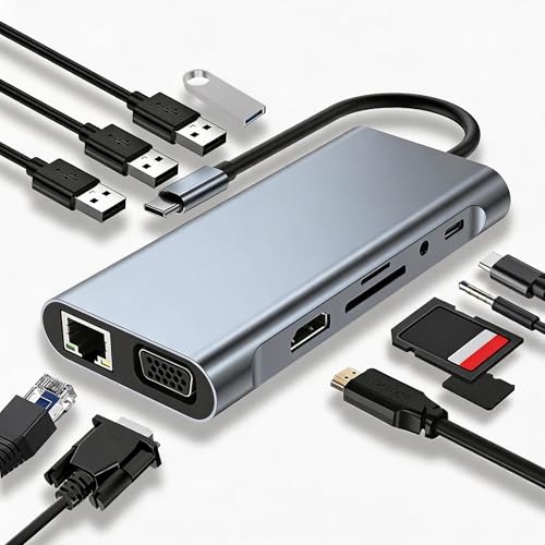 USB C HUB Dongle, 10-in-1 USB C Adapter Docking Station with 4K HDMI, Type C PD, USB C Data, USB3.0, RJ45 Ethernet, SD/TF Card Reader, Other Type C Latops Devices - color: 11 in 1