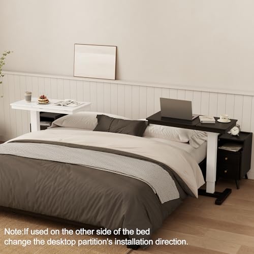 Solid Wood Overbed Bedside Table with Wheels,Tilt Top Hospital Bed Table Adjustable Over the Bed,Rolling Bed Desk for Hospital and Home Use (Black) - color: Black