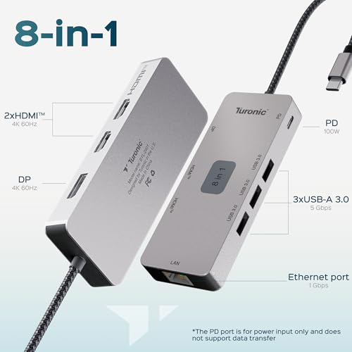 BYL-2401 Universal Docking Station 8-in-1 USB-C Hub, 100W PD | Dual HDMI 4K@60Hz, DP 1.2, Gigabit Ethernet, 3 USB-A 5Gbps Ports, Charging, Aluminum Housing