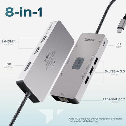 BYL-2401 Universal Docking Station 8-in-1 USB-C Hub, 100W PD | Dual HDMI 4K@60Hz, DP 1.2, Gigabit Ethernet, 3 USB-A 5Gbps Ports, Charging, Aluminum Housing
