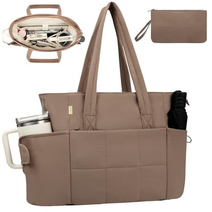 Puffer Tote Bag with Large Cup Holder& 15.6 Inch Laptop Compartment, Lightweight Puffy Work Bag with Water Bottle Pocket, Large Laptop Tote with Clutch Purse for Women Teacher Nurse (Brown) - color: Brown
