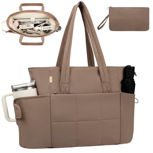 Puffer Tote Bag with Large Cup Holder& 15.6 Inch Laptop Compartment, Lightweight Puffy Work Bag with Water Bottle Pocket, Large Laptop Tote with Clutch Purse for Women Teacher Nurse (Brown) - color: Brown