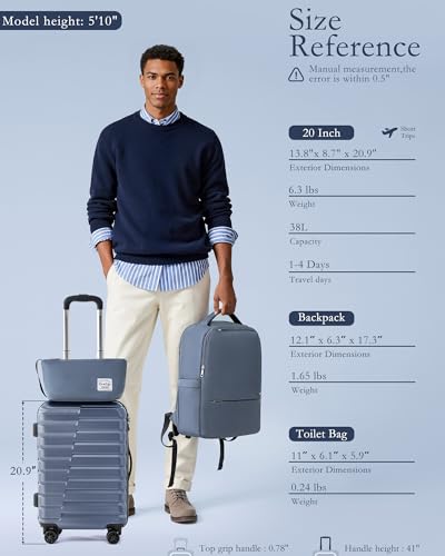 Coolife Luggage Sets 3 Piece, 20In Carry On Luggage with Spinner Wheels PC Hardside Suitcase Set with Travel Backpack (Blue, Backpack/TB/20) - color: blue, size: 3 piece set (Backpack/TB/20)