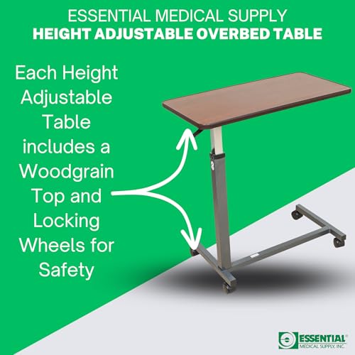 Essential Medical Supply Height Adjustable Automatic Overbed Table - Woodgrain Top with Locking Wheels, Perfect for Hospital and Home Use - Table for Easy Access and Convenience for Adults and Seniors