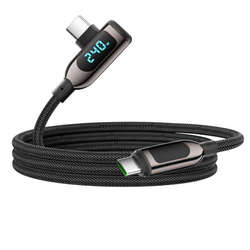240W USB C to USB C Cable Right Angle Cable[4FT], Fits for 140W/100W Fast Charger, Nylon Braided Type-C Charging Cord with LED Display for iPhone 16/15 Galaxy S25Ultra S24 iPad MacBook - size: 4FT