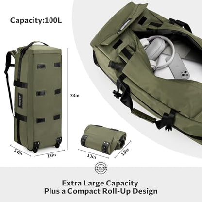 45/80/100L Rolling Duffel Bag with Wheels, X-Large Durable Travel Duffle + Toiletry Bag, Heavy Duty, Packable with Shoulder Straps- Use as Luggage or Backpack, Men/Women (Green) - color: Green