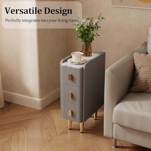 AQIMUELE Narrow Nightstand with Drawers, Narrow Side Table Leather, Small Bedside Tables for Bedroom. (Dark Gray) - color: Dark Gray, size: 7.8"W x 15"D x 22.8"H
