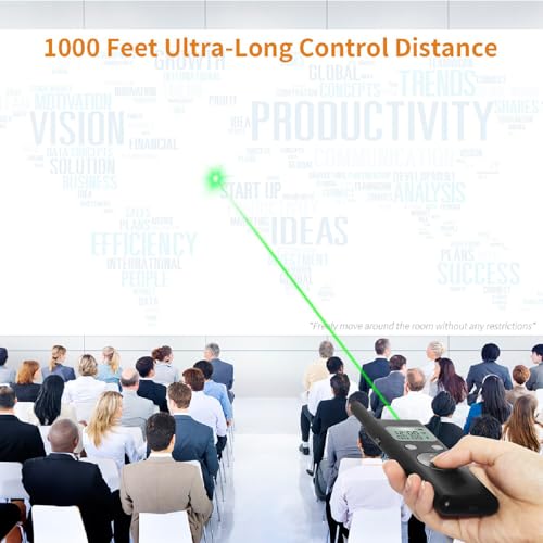 Wireless Presentation Clicker with LCD Display, 300M Long Range Green Presenter Remote, Rechargeable PPT Pointer for Laptop/PC/Mac
