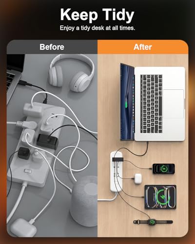 Retractable Laptop Charger, with USB C Fast Charging Cable，5 in 1 | 65W GaN Charger with Built-in 5.6ft Retractable USB-C Cable, 5 Ports, for MacBook, Laptops, iPhone 15-17, iPad, Samsung