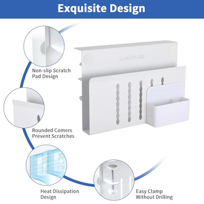 LUKETURE Desk Side Storage, No Drill Laptop Mount with Pen Holder, Clamp-On | Fits Flat Edge Desks 0.3 to 2.8 Inches,Secure Grip on Wood, Glass, or Metal Surfaces Without Slipping - color: White(1 Tie)