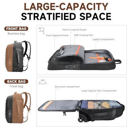 2-in-1 Detachable Carry On Rolling Backpack - Splits into Two Bags for Travel, 50L Wheeled Backpack with 17.3″ Padded Laptop Sleeve, USB Charging Ports, Waterproof Luggage Suitcase