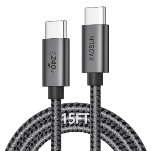 XAOSUN USB C to USB C Cable 15 FT 240W, 5M USB C Charger Cable PD3.1 48V 5A, Braided Fast Charging Type C Cable for iPhone17 16 15, MacBook Air/Pro, iPad Pro, Samsung, Steam Deck, Switch, Laptop - size: 15 feet
