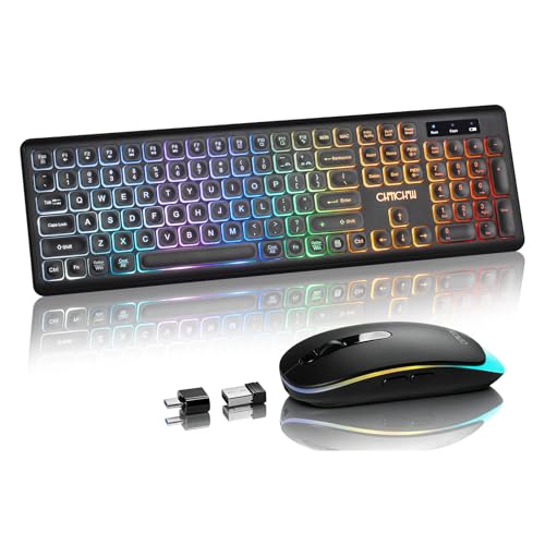 Computer Keyboard and Mouse Wireless,Rechargeable Gaming LED Keyboard Combo | Rainbow Backlit Keyboard with Dedicated Mac/Win Keys,1 USB Receiver for 2 Devices,Sculpted Keys,Compatible with Mac Window PC