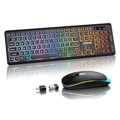 Computer Keyboard and Mouse Wireless,Rechargeable Gaming LED Keyboard Combo | Rainbow Backlit Keyboard with Dedicated Mac/Win Keys,1 USB Receiver for 2 Devices,Sculpted Keys,Compatible with Mac Window PC