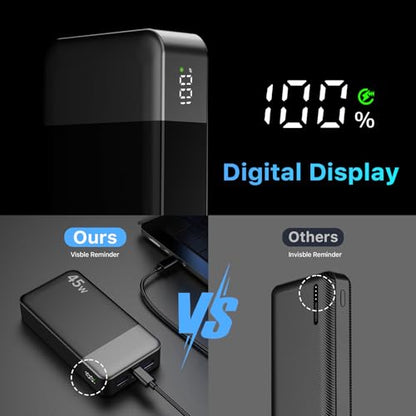 NOBIS Portable Charger 45W 20000mAh Power Bank Fast Charging | 2C+2A Battery Pack with C to C Cable, Battery Bank with Digital Display for iPhone Android Laptop etc - color: Black