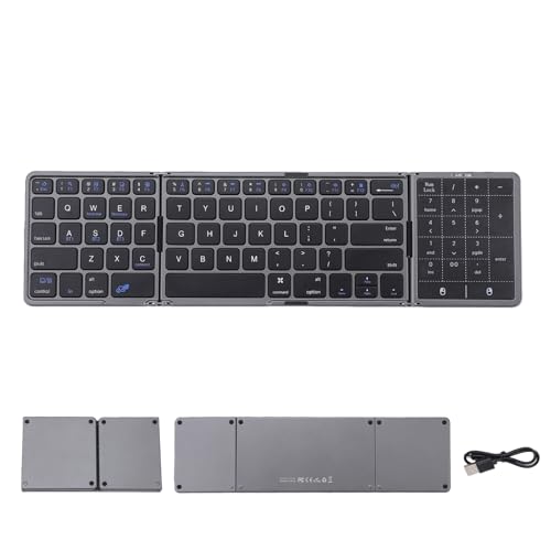Foldable Bluetooth Keyboard with Touchpad and Number Pad, 3 Devices, Bluetooth 5.1, Rechargeable Full Size Ultra Slim Keyboards for Phone, Tablet, Laptop (Gray) - color: Gray