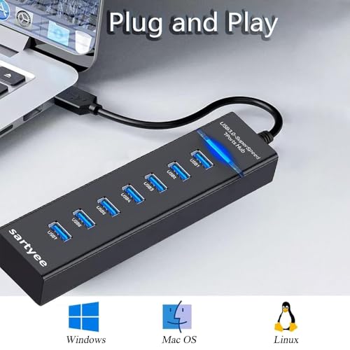 USB 3.0 SuperSpeed 7-Port Hub, High-Speed Data Transfer and Sync for Multiple Devices, Compatible with Laptop, PC, MacBook, iMac, Surface Pro, Windows/Mac/Linux, Bus-Powered, Plug and Play