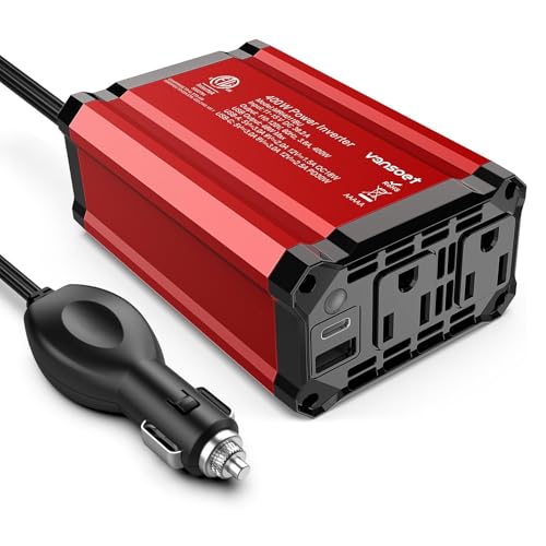 400W Power Inverter DC 12V to AC 110V Car Adapter | PD 30W USB C, QC 18W USB-A Fast Charging Ports, 2 AC Outlets, Car Charger Plug Adapter Outlet for Laptop, Phone, Road Trip - color: Red