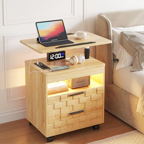 Lareth Rolling Nightstand with Wheels, LED Lights, Charging Station | Height Adjustable, Bedside Table 2 Drawers, Smart Wooden End Table Dorm Side Table Laptop Workstaion, Bedroom, Natural - color: A Natural