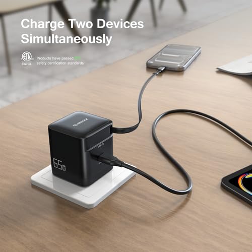 65W USB C Charger with Retractable Cable Dual Port Foldable Plug | 65W Fast Charging for Laptops Tablets and Phones, 27.5 Inch Built In Retractable USB C Cable, Dual USB C Ports