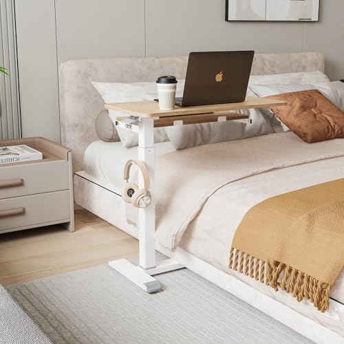 ETHU Overbed Table with Wheels, Medical Table with Drawer, Hospital Bed Table, Workstation Desk, Adjustable Overbed Bedside Rolling Laptop Desk, Oak - color: Oak