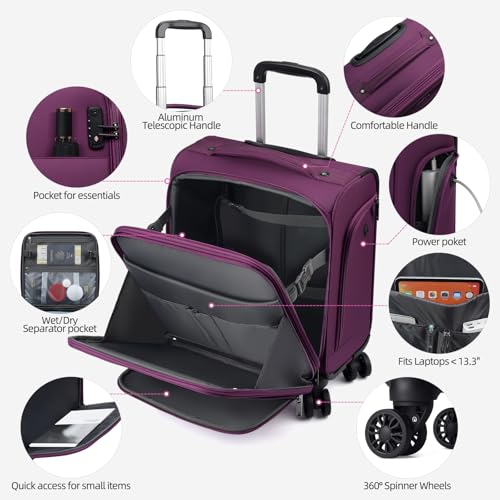Underseater Carry-On Luggage Airline Approved with Spinner Wheels, 16 Inch Luggage with TSA Lock, Overnight Rolling Softside Suitcases for Women,Purple - color: Purple, size: Underseat 16 inch